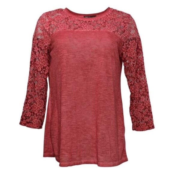 Diane Gilman red Acid Wash lace sleeve top - Picture 1 of 8
